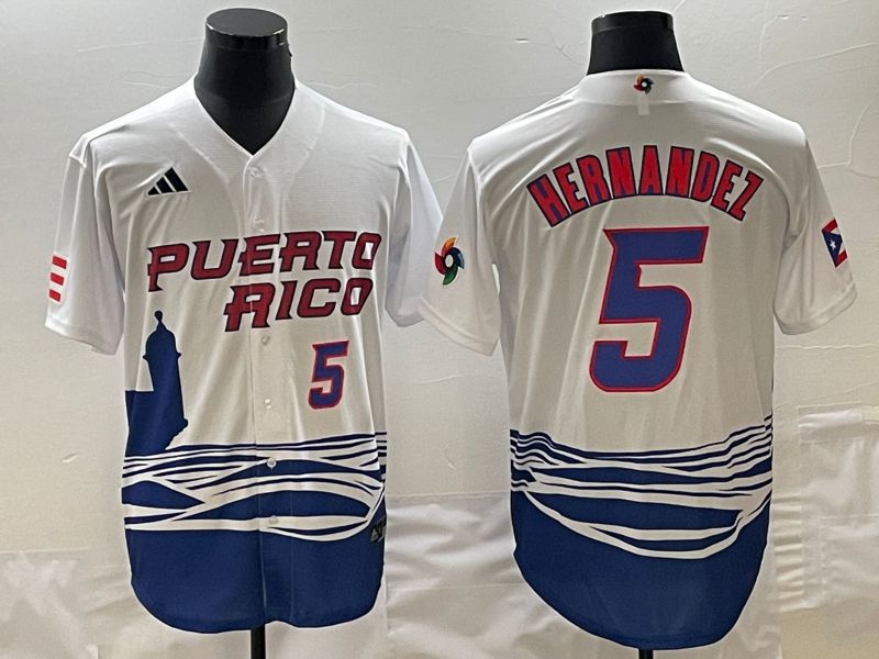 Men 2023 World Cub Puerto Rico 5 Hernandez White Nike MLB Jersey1